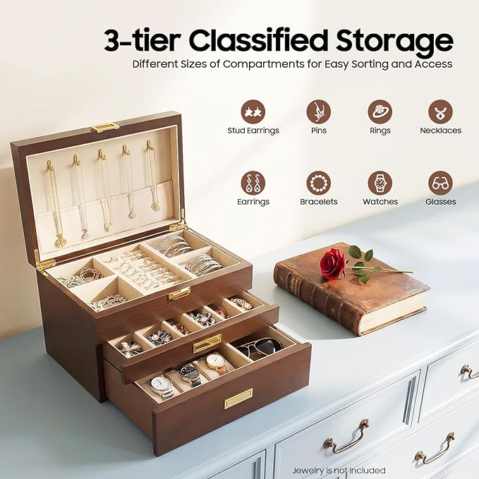 Wooden Jewelry Box for Women, 3 Layers Large Wooden Jewelry Organizer Box Watches Necklace Ring Storage Box for Women (Walnut 3 Layer)