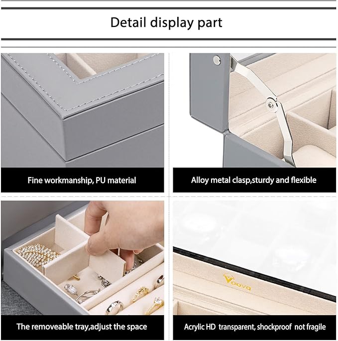 Voova Jewelry Box Watch Boxes Organizer for Men Women, 2 Layer Large 12 Slot PU Leather Watch Storage Case, Glass Top Jewelry Display Holder for Watches Sunglasses Rings Necklaces Bracelets,Grey