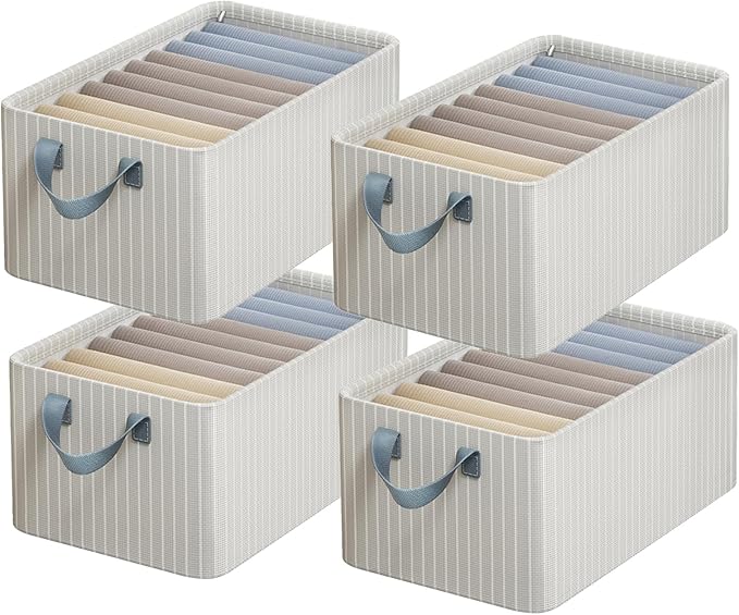 4PCS Closet Clothes Organizer Dustproof Sturdy Storage Baskets Bins 26L Foldable Shelf Containers Bin Support Boards Dust Lid Steel Frame for Sweater Pants T-shirt Dress (Gray-white Stripes - No Lid)