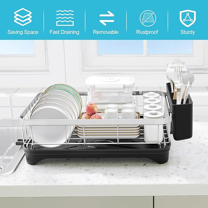 HOMEBOSILY Dish Drying Rack 304 Stainless Steel Dish Rack with Drainboard,Space Spaving Auto-Draining Drying Racks for Kitchen Counter,Large Capacity Dish Racks for Bowls, Cups, Dish Drainer Black