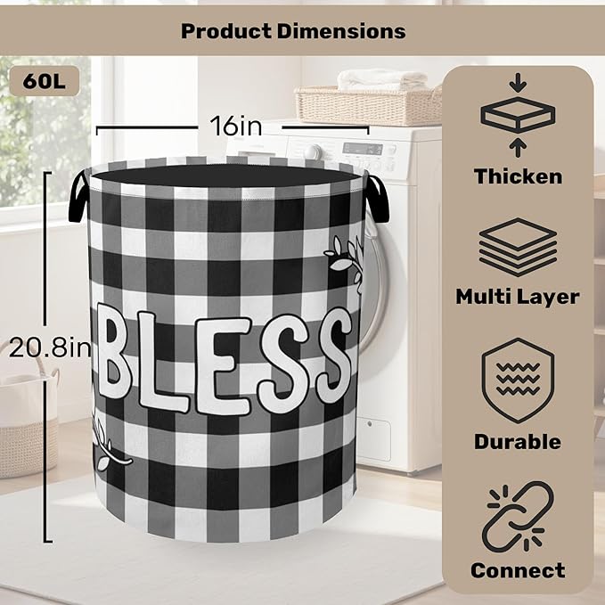 Checkered Bless Laundry Basket, Black White Foldable Laundry Hamper, Waterproof Fabric Storage Basket with Handles, Clothes Hampers for Laundry,Bedroom,Dorm