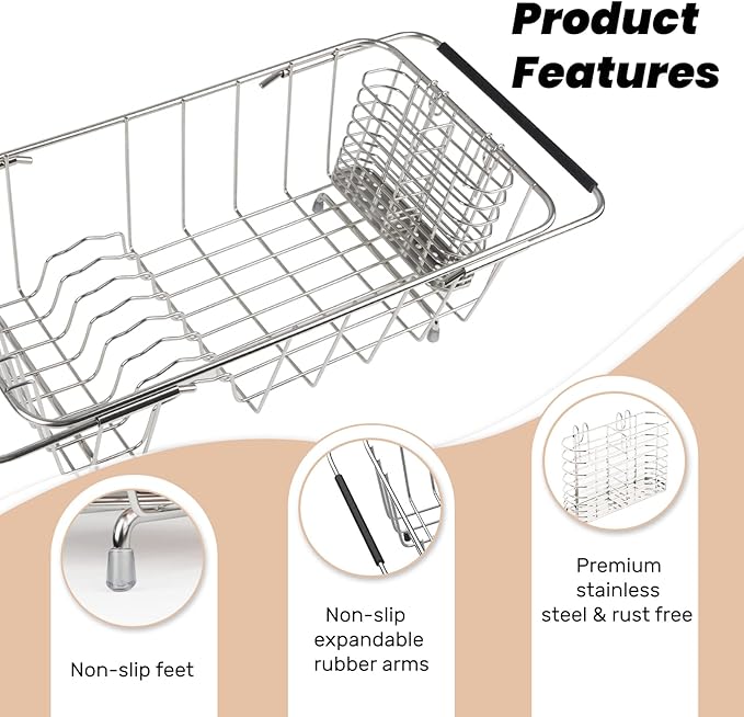 BTLATHA Sink Dish Drainer Rack, Expandable 304 Stainless Steel Dish Drying Rack Organizer with Stainless Steel Utensil Rack, Adjustable 14.96" to 20.59" Inside The Sink (up to 7 Upright Utensils).