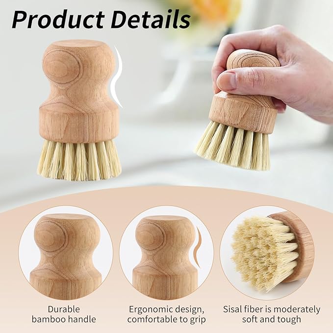 6 Packs Bamboo Dish Scrub Brushes，Kitchen Wooden Dish Scrubber Brush Dishwashing Scrubbers with Natural Sisal Bristles for Cleaning Pots, Pans, Sink, Woks,Vegetables