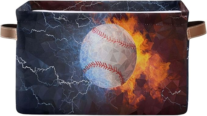 ALAZA Funny Baseball Ball Fire Water Foldable Storage Box Storage Basket Organizer Bins with Handles for Shelf Closet Living Room Bedroom Home Office 2 Pack