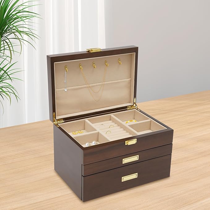3-Layer Jewelry Box Organizer with Lock and Hooks,Jewelry Chest for Women Girls, Retro Display Jewellery Holder Organizer Storage Box for Necklace Earrings Rings Bracelets