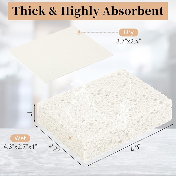 Mkobon 6 Pcs Kitchen Sponges for Dishes Cleaning, Non Scratch for Non Stick Cookware, Compressed Natural Cellulose Sponges, Dish Washing Scrubbers, Scrubbing Pads for Household, Bathroom (White)