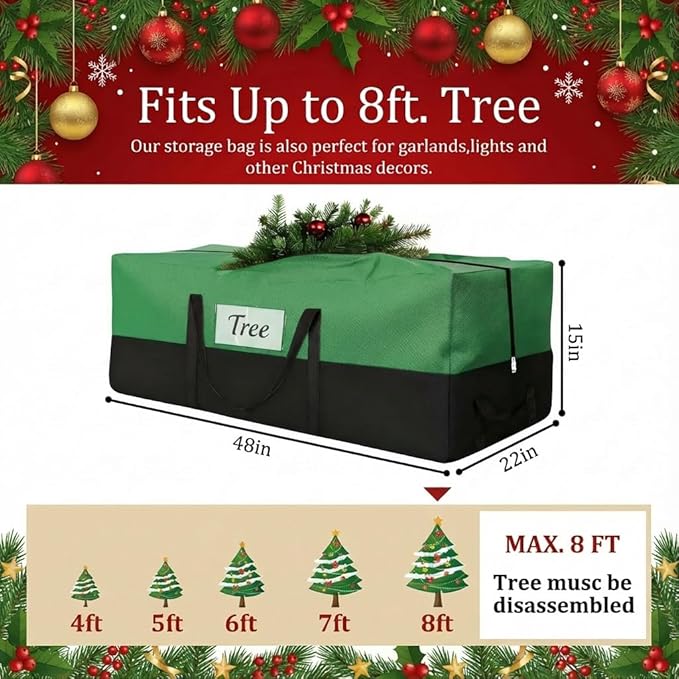 Christmas Tree Storage Bag - Fits Up 8 Ft Tall Artificial Trees - Heavy Duty Holiday Storage bag with Durable Reinforced Handles & Zipper & Transparent Pocket - 600D Oxford Container, Green