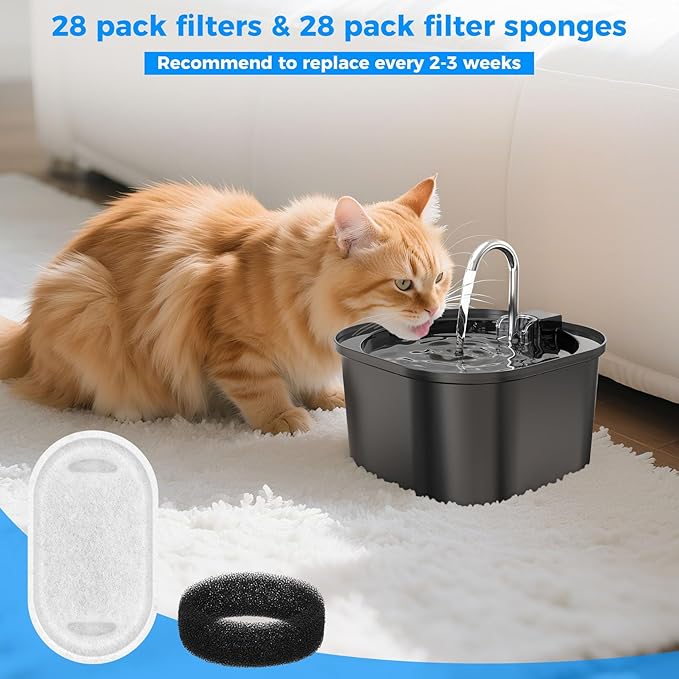 28+28 Pack Cat Water Fountain Filters, Pet Water Fountain Filters Replacement for Dog/Cat Stainless Steel Fountain 108oz/3.2L& 67oz/2L, 10 Months Set to Keep Drinking Fresh