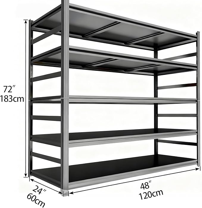 Notmise Garage Shelving, Storage Shelves Heavy Duty, 5-Tier Adjustable Black Shelving, 3000Lbs Utility Shelf for Garage/Basement/Kitchen, 72”H×48”W×24”D