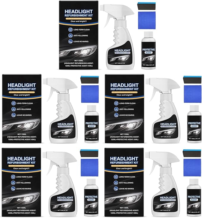 Dodorado Headlight Restoration Kit – No Sanding Required, Fast Cleaning & Ceramic Coating, Restores Yellowed Hazy Headlights for Plastic/Glass – Improves Night Visibility, Complete DIY Kit (5 Sets)