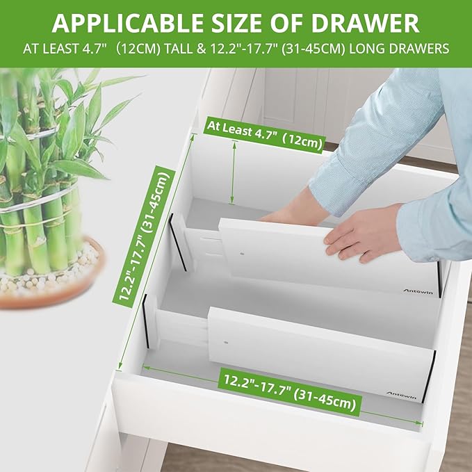 ANTOWIN 4 Pack Expandable Drawer Dividers, 4.7'' High, Extend from 12.2'' to 17.7'', Dresser Drawer Organizers, Bamboo Separators for Kitchen, Bedroom, Office, Bathroom (White)