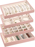 LANDICI Stackable Jewelry Organizer Trays 4 Set,PU Leather Jewelry Organizer Drawer,Jewelry Storage Display Tray for Earring Necklace Rings Bracelet with Removable Dividers,Pink