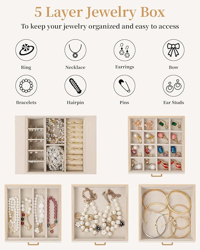 TORIBIO Jewelry Box for Women, Leather Jewelry Organizer with Mirror & Lock, 5-Tier Jewelry Storage Organizer with 4 Drawers for Girls/Women/Mothers, Necklace Earring Bracelets Holder Organizer