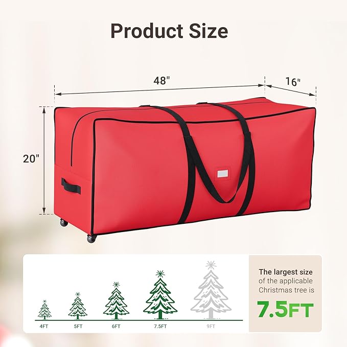ELYKEN 7.5FT Christmas Tree Storage Bag with Wheels, Rolling Storage Bag for Artificial Christmas Tree and Decorations, Heavy Duty 600D Oxford Fabric, Length-Adjustable Handles, Dual Zippers, Red