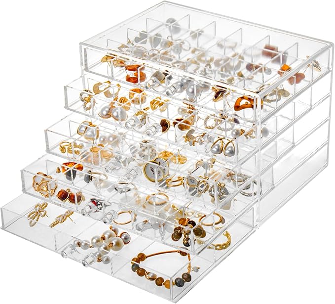 Jewelry Boxes Earring Storage Box Organizer 5 Drawers Jewelry Organizer Acrylic Jewelry Storage Box Holder Compartment Transparent Display Storage Case Gift for Women Girls (102 Girds)