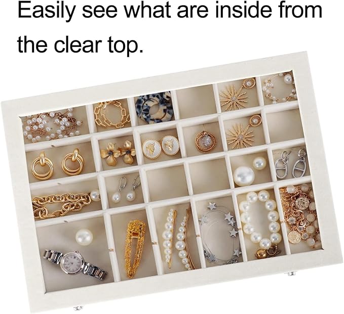 Mebbay 35 Grid Earring Organizer Velvet Jewelry Tray Organizer Felt Jewelry Box Tray Holder with Clear Lid for Drawer, Earring Necklace Bracelet Ring Healing Stones Storage (Creamy White)