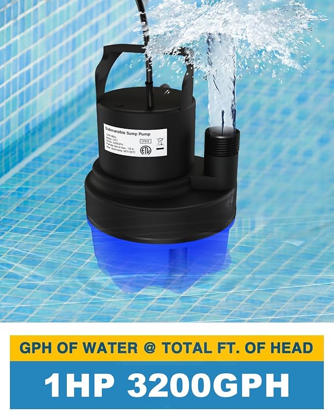 Submersible Sump Pump, 1HP 3200GPH Portable Water Pump Clean Dirty Water, Utility Pump with 25 FT Cord for Swimming Pool, Boats, Garden, Basement, Flood, Ponds
