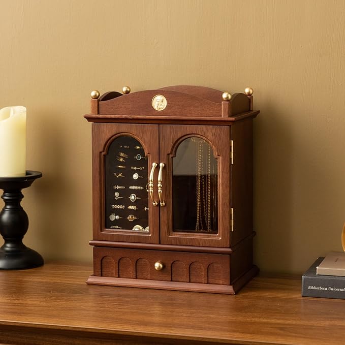 KINTNESS Magic House Style Black Walnut Wooden Jewelry Box - Solid Wood Large Jewelry Organizer with Secret Compartment for Women Girls, Jewelry for Bracelet, Necklace, Ring