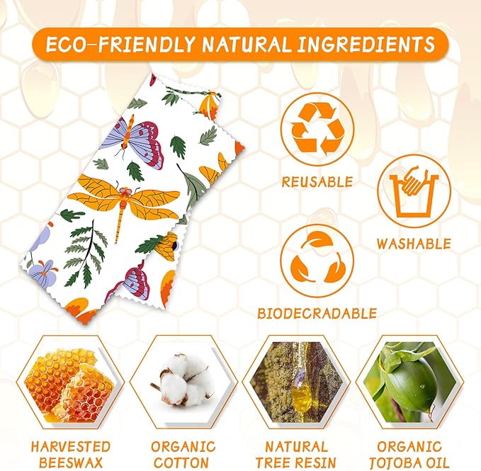 Beeswax Wrap, Beeswax Wraps For Food, Organic, Sustainable, Beeswax Food Wrap for Sandwich Storage, Reusable Beeswax Food Wrap 1L, 5M, 3S Butterfly Patterns Beeswax Paper, 9 Pack Set