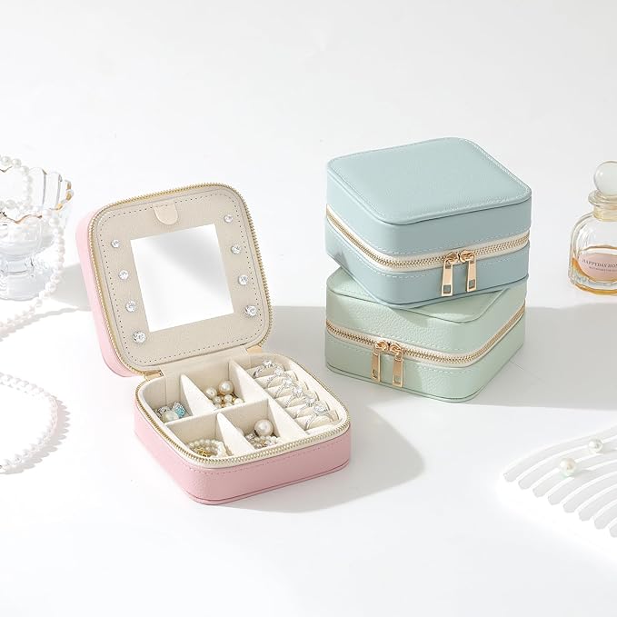 Genuine Leather Travel Jewelry Organizer Case with Mirror for Women, Small Mini Portable Jewelry Box for Ring Earrings Necklace Bracelet Luxury Gift for Women（Light Blue）