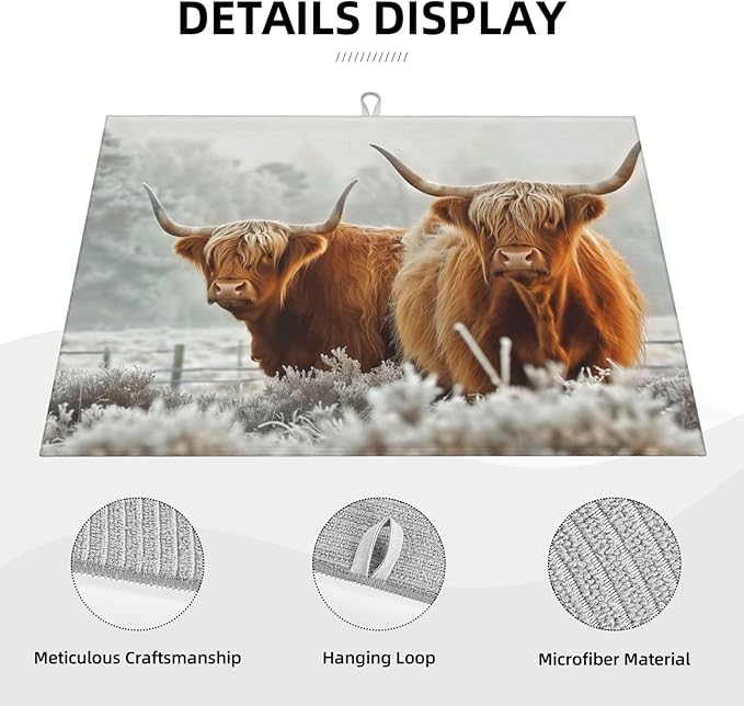 Highland Cow Dish Drying Mat 18x24 For Kitchen Counter Absorbent Microfiber Dishes Pad Dish Drainer Rack Mats Fast Dry Kitchen Accessories