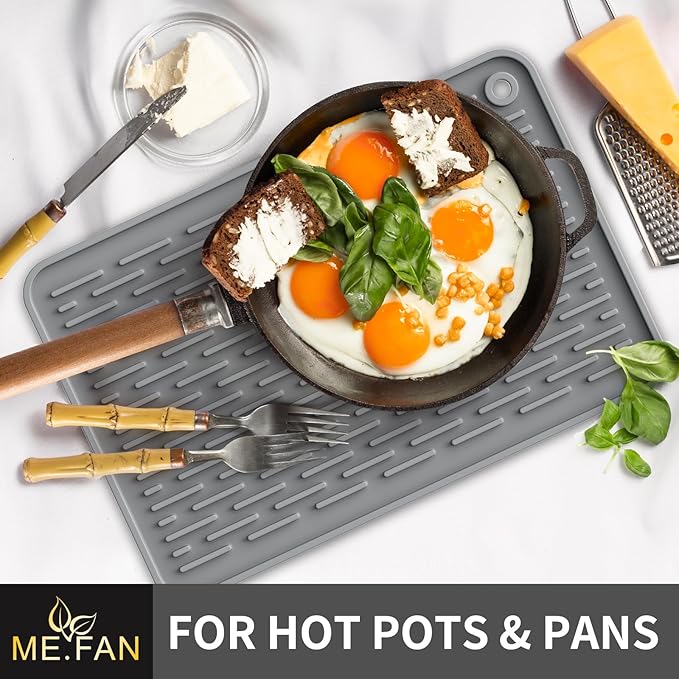 ME.FAN Silicone Dish Drying Mat for Kitchen Counter, Dish Drying Pad for Sink, Refrigerator or Drawer, Countertop Protection Pad L - 18''×16'' - Grey