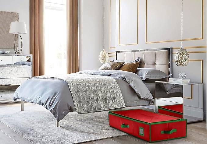 Premium Wrapping Paper Organizer Storage | Gift Wrap Holder With Extra Pockets for Christmas Decorations, Reinforced Handles, Heavy Duty, Ultra-Durable, Tear-Proof Fabric - Fits Up to 27 Rolls (Red)