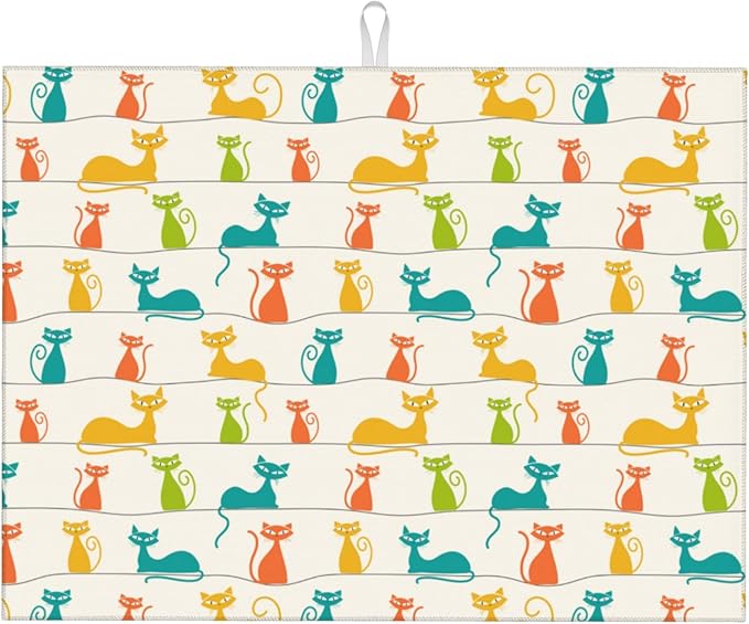 Mid Century Modern Cats Dish Drying Mat for Kitchen Counter Absorbent Reversible Cute Drying Pad Dark Kitchen Decor Dish Drainer Rack Mats 18"x24"