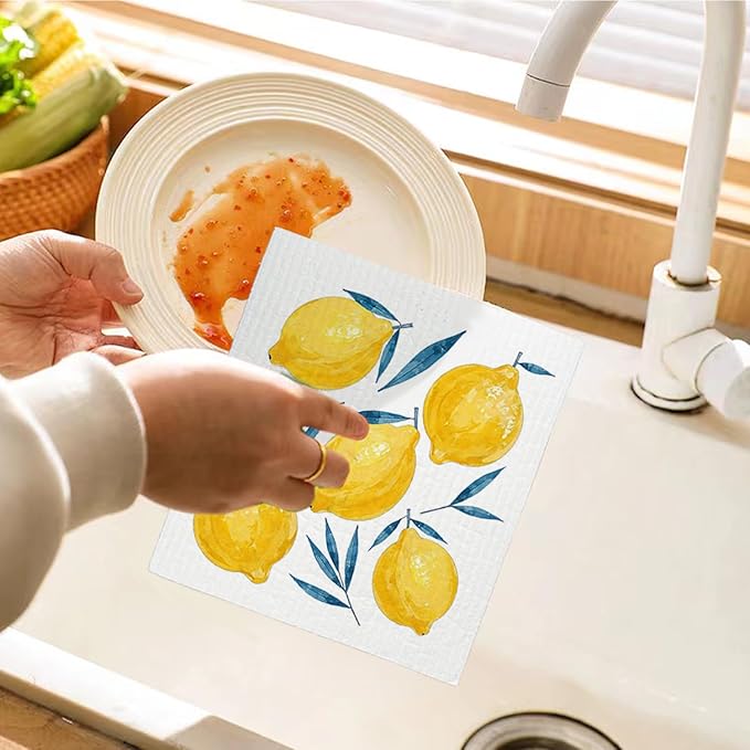 LARTSFRO Lemon Swedish Dishcloths for Kitchen, Swedish Dish Cleaning Cloths for Friut, Papaya Reusable Paper Towels, 4 Pack Dish Towels for Kitchen, Reusable Sponge Cloths Washable