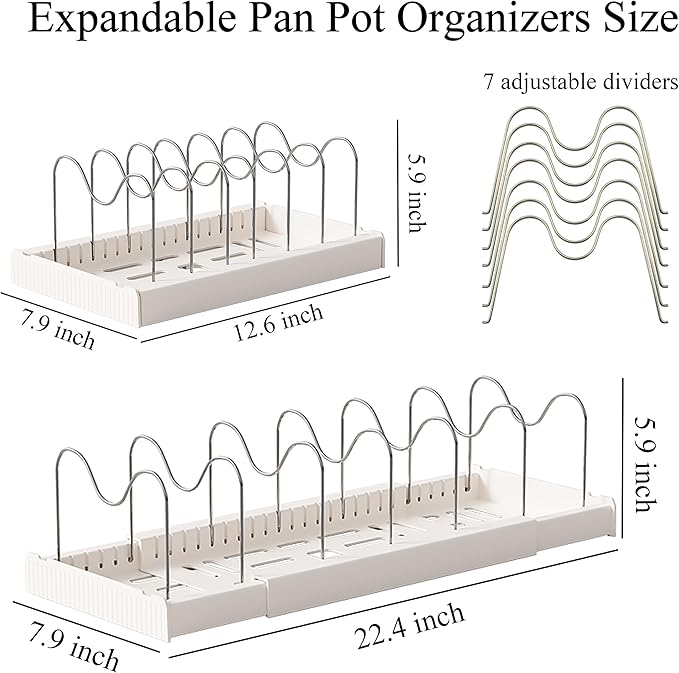 LICRUGU Pots and Pans Organizer Under Cabinet 7 Adjustable Dividers Expandable Pot Pan Lid Holder Organizers Rack inside Cabinet for Kitchen Storage Cookware, Cutting Boards, Lid, Dishes,White