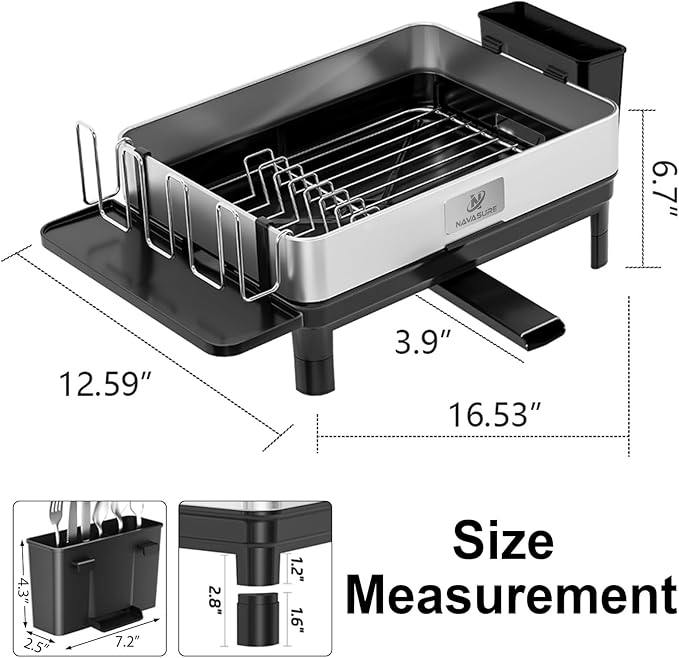 NAVASURE Dish Drying Rack | Stainless Steel Dish Rack for Kitchen Counter, Space Saving | Dish Drainer with Drainage & Utensil Holder | Escurridor de Platos para Fregadero (Black)