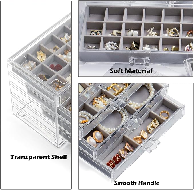 Jewelry Organizer with 5 Drawers Clear Acrylic Earring Display Case Velvet Jewelry Storage Box Display Holder for Earring Ring Bracelet Necklace (Gray, 60 Grids)