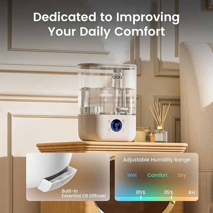 QIDO Top Fill Humidifiers for Bedroom, 5 L Cool Mist 36H Super Long Time, Quiet 28dB Essential Oil Diffuser for Baby & Plants, 3 adjustable Mist with Touch/APP/7-color Nightlight, Auto Shut-off, White