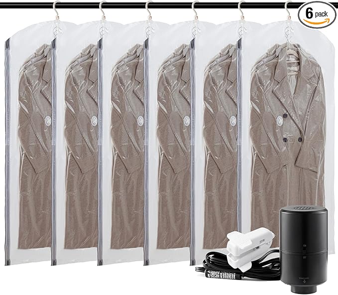 TAILI Hanging Vacuum Sealer Suction Space Saver Storage Bags for Clothes with Electric Air Pump And Rolling Slide Clip for Coats, Closet Organizers, 6 Long