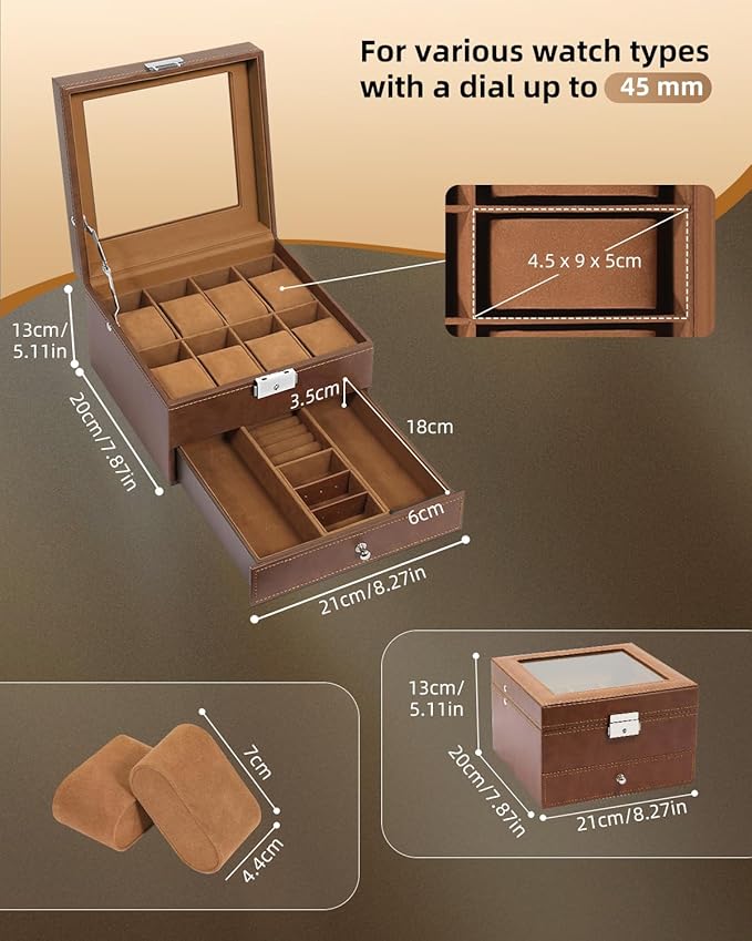 Uten 8-Slot Watch Box, 2-Layers PU Leather Watch Case with Glass Lid, Watch Holder Organizer with Soft Pillow and Velvet Lining, Watch and Jewelry Storage Box, Brown