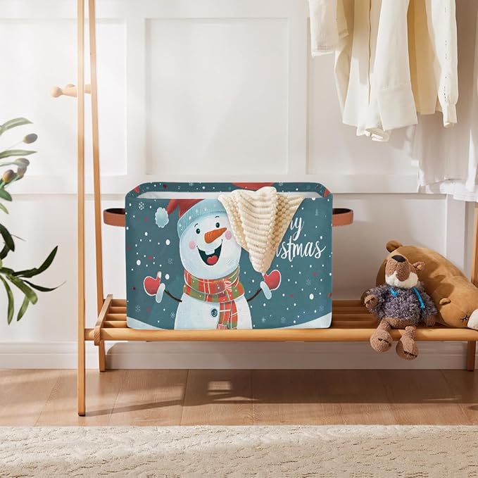 Storage Baskets Bin, Christmas Winter Snowman Collapsible Canvas Fabric Storage Bin Decorative Baskets Toy Organizer Rectangle Storage Boxes with Handles for Home Shelves Nursery, J-022