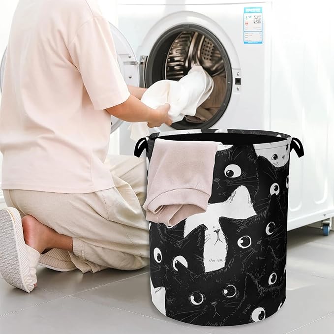Cute Black Cat Laundry Hamper,Dirty Clothes Laundry Basket with Handles Waterproof Oxford Cloth Storage Basket for College Dorms Bathroom Bedroom 16" x 20.8"