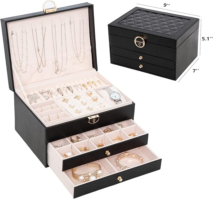 GUOER Jewelry Box for Women Girl Wife 3 Layers Large PU Leather Jewelry Organizer Storage Case with Two drawers Display for Earrings Bracelets Rings Watches (Black)