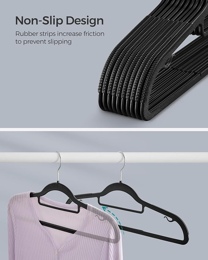 SONGMICS Pack of 50 Coat Hangers, Heavy-Duty Plastic Hangers with Non-Slip Design, Space-Saving Clothes Hangers, 0.2” Thickness, 360° Swivel Hook, 16.5” Long, Black and Gray