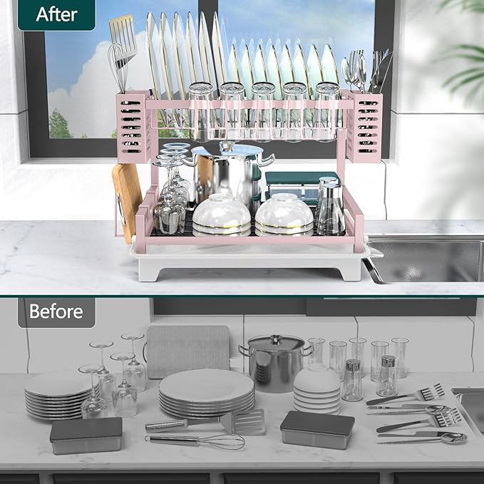 B-Land Dish Drying Rack, 2 Tier Dish Racks for Kitchen Counter, Large Dish Drying Rack with Drainboard & Utensil Holders, Rust-Proof Dish Drainers,Kitchen Organization
