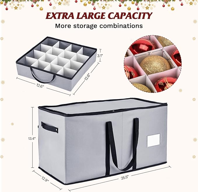 Christmas Ornament Storage Box, Ornament Storage Organizer Fits 128 of 3 inch Ornament Balls, 8 Removable Tray Ornaments Storage Containers with Dividers to Store Xmas Holiday Decor(Grey)