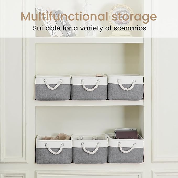 Storage Baskets for Shelves 13.8x9.8x6.7 Inch, Foldable Fabric Storage Bins with Handles, Small Storage Baskets for Organizing Closet, Office, Home Organization (6-Pack, White&Gray)