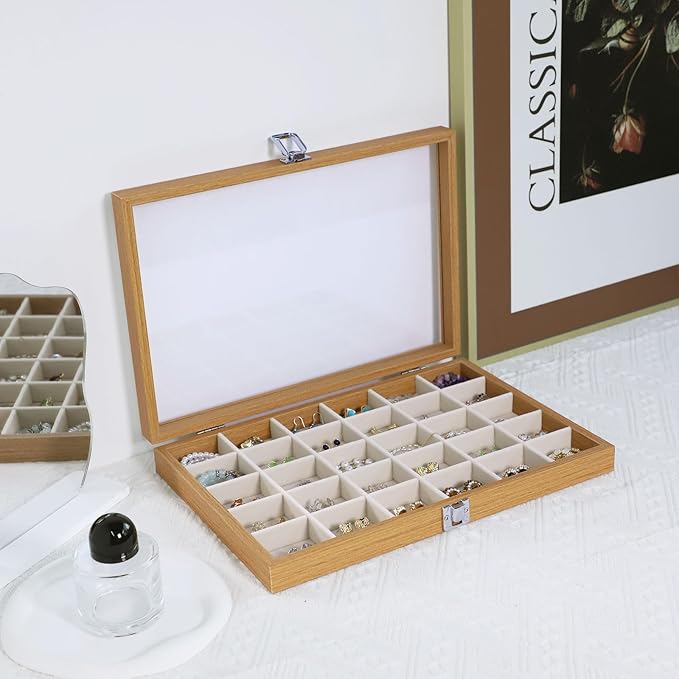 Stratalife Jewelry Organizer Wooden Bracelet Jewelry Box 30 Grid Jewelry Tray with Lid Earring Holder Organizer Necklace Bracelet Bangle Ring Organizer for Women Vintage Jewelry Box