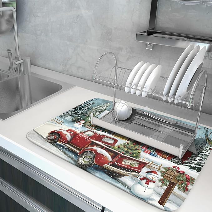 Christmas Dish Drying Mat for Kitchen Counter 24x18 Inch Xmas Red Truck Drying Mat with Absorbent Reversible Microfiber House Snowman Winter Dish Drainer Mats Rack Pad for Coffee Countertop Protector