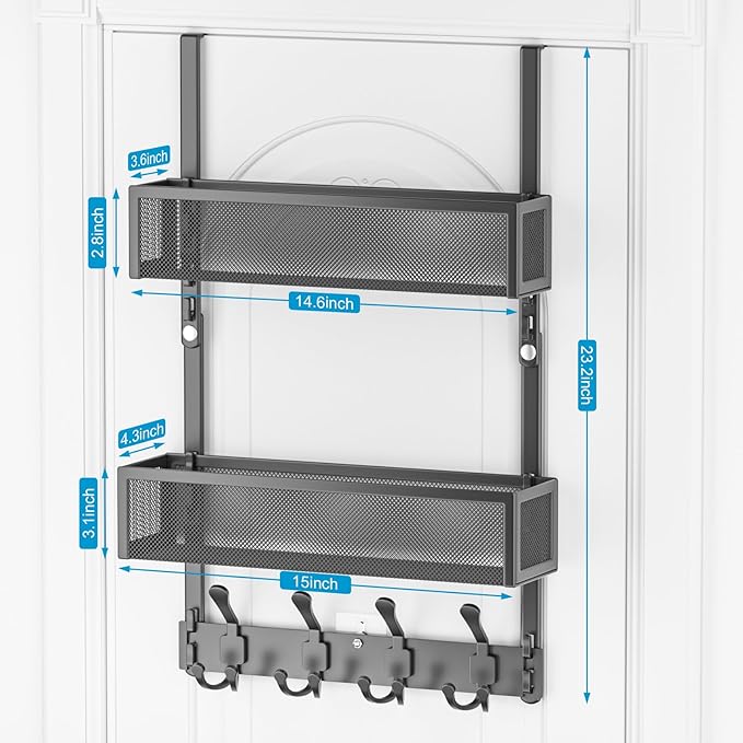 Aimeaihe Over The Door Hooks Organizer, Door Hanger Towel Rack with 2 Baskets, Adjustable Over The Door Coat Rack, Back of Door Storage for Bedroom, Kitchen, Bathroom (Black)