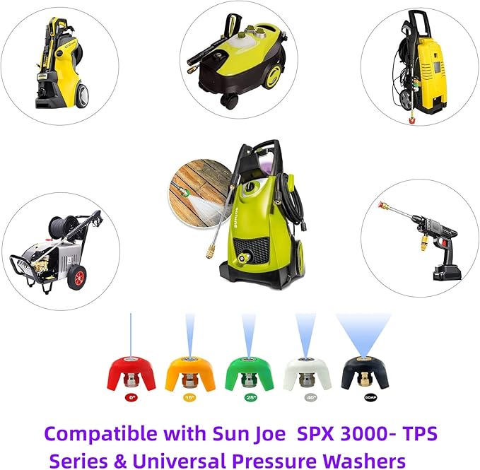 Fesasn Quick Connect Pressure Washer Spray Tips, Replacement SPX 3000 series Quick Connect Nozzle Head Kit, Tip for Sun Joe SPX 3000 Series and Universal Pressure Washers (0°, 15°, 25°, 40°, Soap)