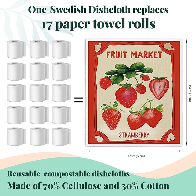 LARTSFRO Swedish Dishcloths for Kitchen, Pink Strawberries Peach Orange Lemon Swedish DishCloths for Summer Friut Market, 4 Pack Dish Towels for Kitchen, Papaya Reusable Paper Towels Washable