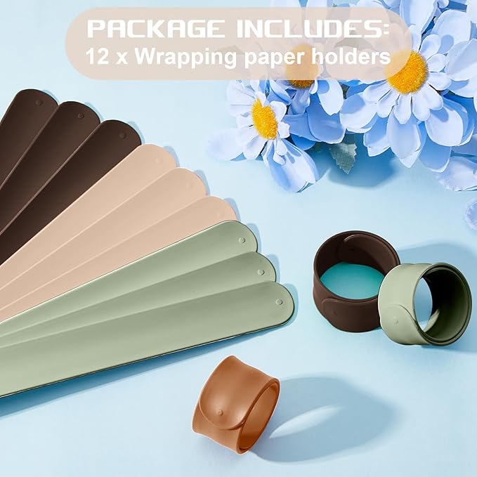 Charniol 12 Pieces Wrapping Paper Roll Holder Holiday Flip Wraps Silicone Covered Metal Strips Flip 1 x 9 Inch Stabilizer Slap Band for Poster Gift Paper Vinyl Storage Organize (Earth Color)