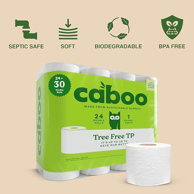 Caboo Tree Free Toilet Paper, Septic Safe Toilet Tissue, Chemical Free, Non Toxic, 2 Ply Bathroom Toilet Paper | Pack of 24 Double Rolls, 300 Sheets Per Roll