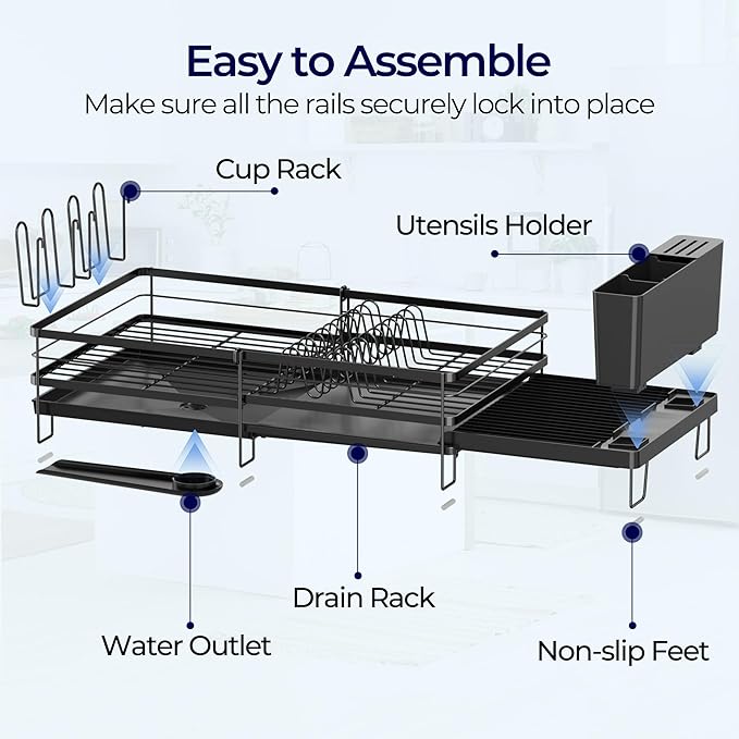 Pantasia Large Dish Drying Rack, Expandable Dish Rack for Kitchen Counter, Upgraded Dish Drainer with Drainboard Set, Multifunctional Dishrack with Utensil Holder & Cup Holder, 13.4"-28.7" L x 11.8" W